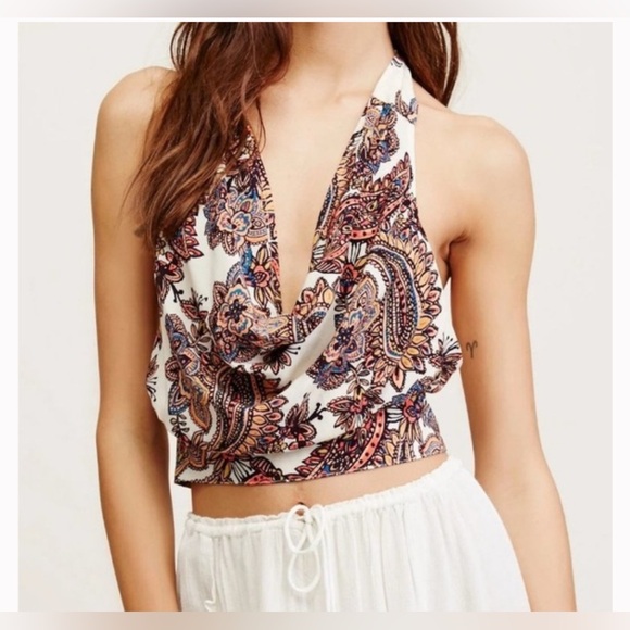 Free People Tops - FREE PEOPLE Floral Paisley Halter Cowl Crop Top - White/Multi